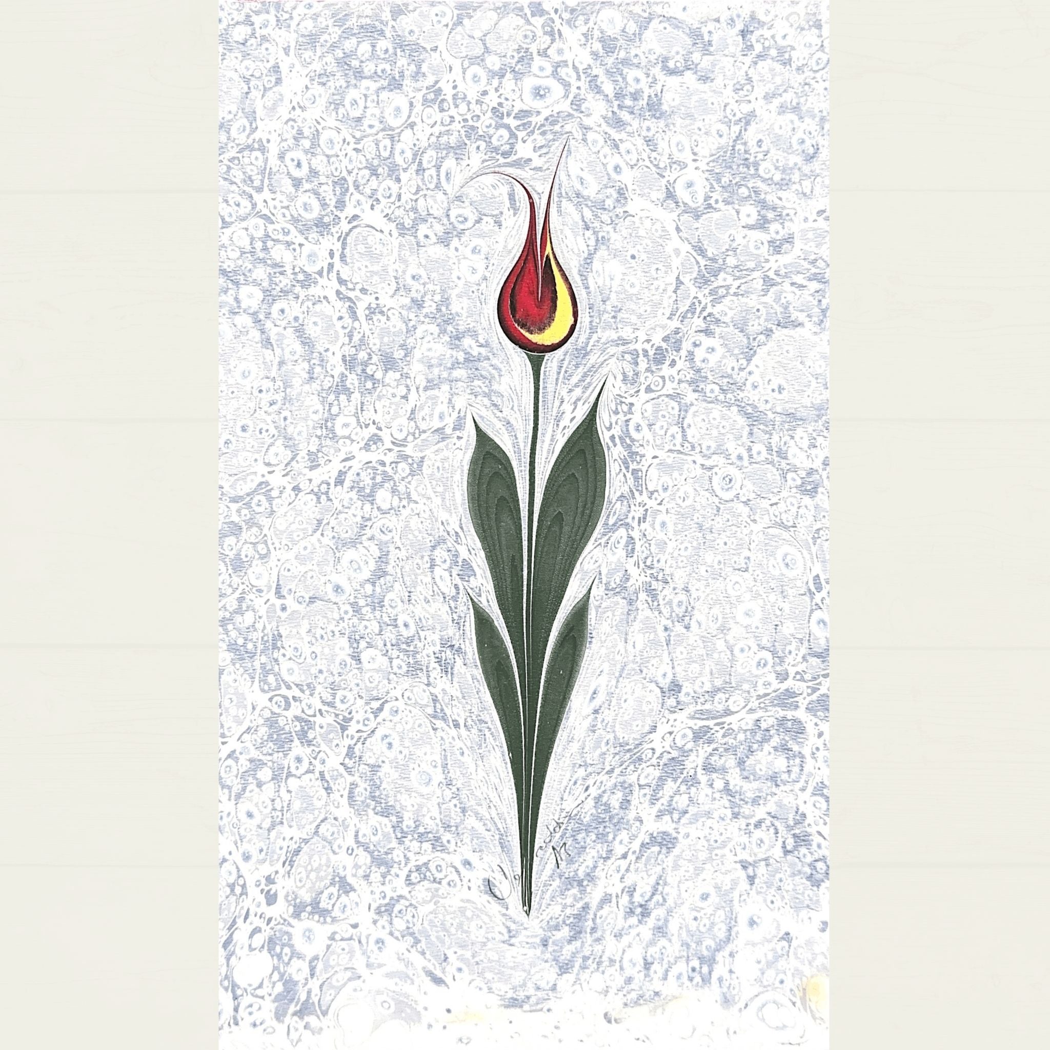 Mavi Desenli Sarı Detaylı Kırmızı Lale Ebru