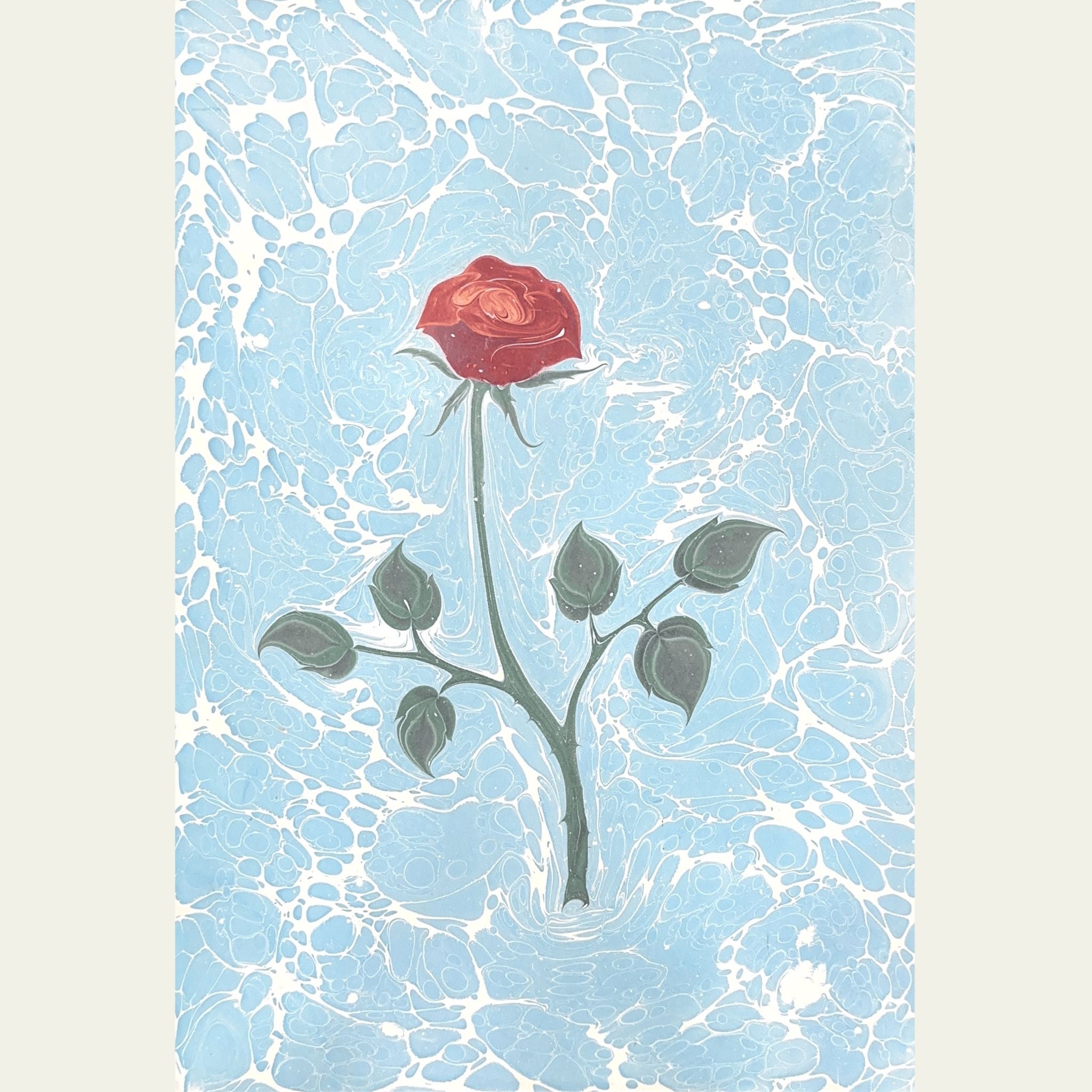 Açık Mavi Desenli Kırmızı Gül Ebru